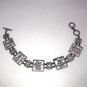 Vtg Sterling Silver Chinese Character Square Link Bracelet Toggle Clasp 8.3”- 9”